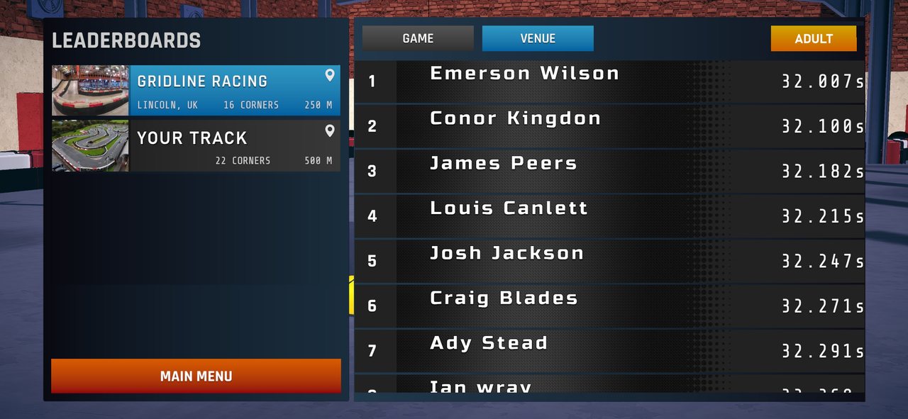 The app's leaderboards: a track list on the left and the venue's adult leaderboard on the right